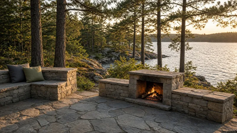 Stone patio and outdoor fire by a Northern Ontario lake